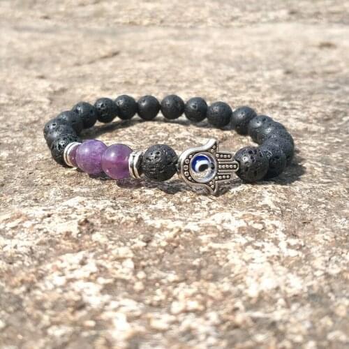 4 Colors Eye Palm Hand Charms 8mm Chakras Black Lava Stone Beads Bracelets Essential Oil Diffuser Bracelet Stretch Yoga Jewelry
