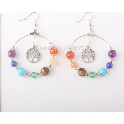 7 Chakra Tree of Life Women Drop Earrings Natural Round Gem Stone Bead Bohemian Earrings Jewelry 1Pair