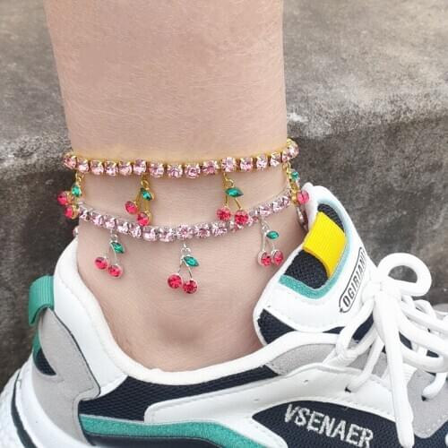 CZ Cherry Leg Bracelet Gold Silver Color Tennis Chain Anklet For Women Kpop Jewelry Foot Chain Cubic Zirconia Chaine De Cheville