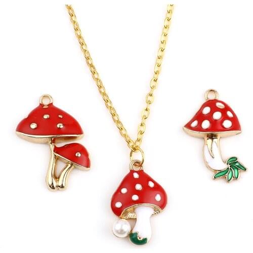 Doreen Box Cute Charms Mushroom Red Enamel Pendants For Women DIY Making Necklace Earrings Girls Party Jewelry Findings,10PCs