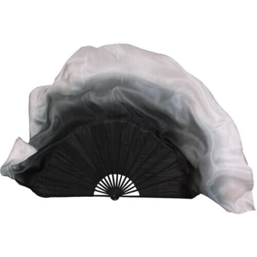 Black Rib Women Real Silk 1 Pair Yangko Dance Silk Bamboo Veils Dance Short Fan Veil Gradient Color Half Circle Two Layers 30"