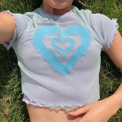 Heart Print Kawaii Graphic T Shirts 2021 Summer Ins Cute Short Sleeve Tops Edible Tree Fungus Aesthetic Knitted Women Clothing