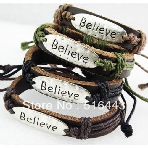 Cool 12pcs Wholesale Fashion Jewelry Lots Leather Antique Silver Believe Women Mens Bracelets Bangles A-776