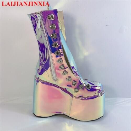 LAIJIANJINXIA New 13CM Wedges Stage Performance Street Style Magic Color Changing Material Custom Ankle Boots Pole Dancing Shoes