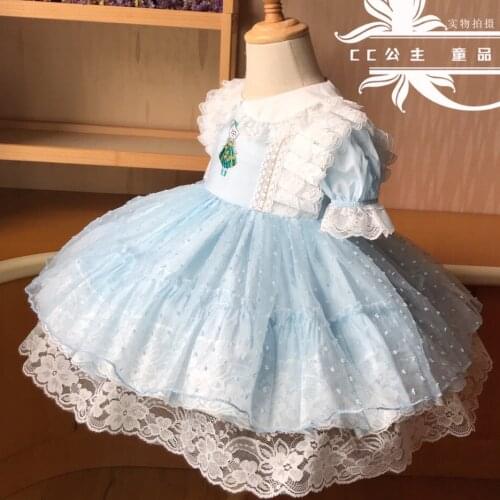Baby GIrl Summer Cat Blue Mesh Lace Vintage Spanish Lolita Princess Ball gownDress for Girl Birthday Party