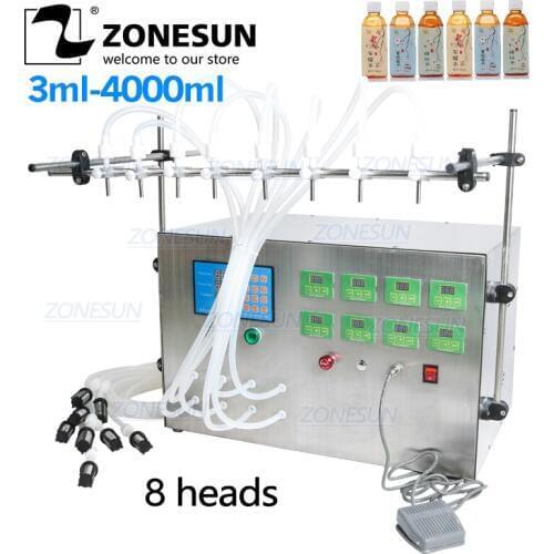 ZONESUN Electric Liquid Filling Machine Digital Control Pump 0.5-4000ml 8 Head Perfume Milk Water Juice Essential Oil Filer