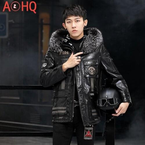 Hooded Genuine Sheepskin Leather Jacket Men Winter 100% Rabbit Fur Coat Motorcycle Leather Jackets Ropa Hombre LXR1002