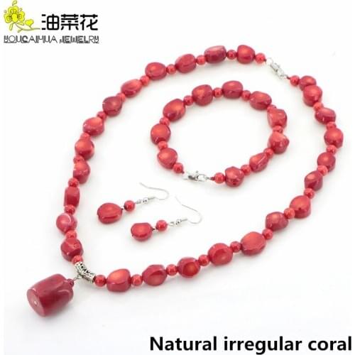 Natural Red Coral Gemstones Irregular Necklace Pendant Bracelet Earring Set Long Chain Womens Health Jewelry Decor Christmas