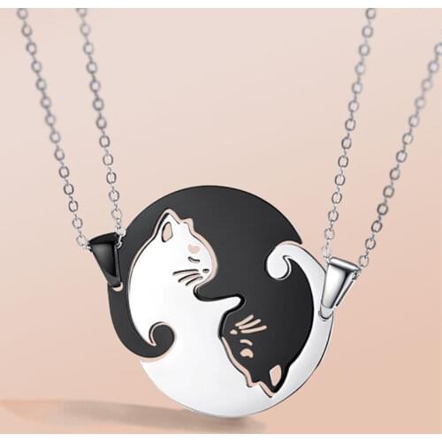 Cute Cat Couple Necklaces Stainless Steel YinYang Taichi Bring Good Luck Pendant Necklace for Lover Friends Gift Jewelry