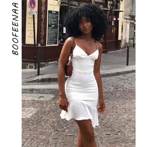 BOOFEENAA Sexy Summer Ruffle Hem Spaghetti Strap Dress Party Club Outfits White V Neck Backless Mini Bodycon Dresses C85-BZ14