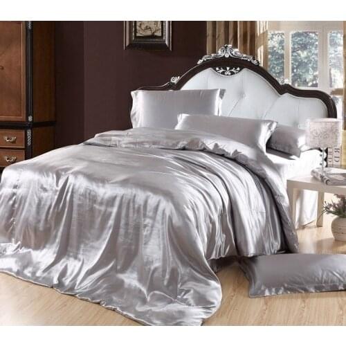 Silver duvet cover bedding sets grey silk satin super king size queen double fitted bed sheets bedspreads quilt doona linen 6pcs