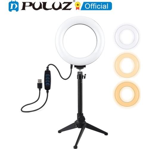 PULUZ 3 Modes Dimmable LED Ring Vlogging Youtube Vlog Video Photography Lights+Desktop Tripod Holder+Cold Shoe Tripod Ball Head
