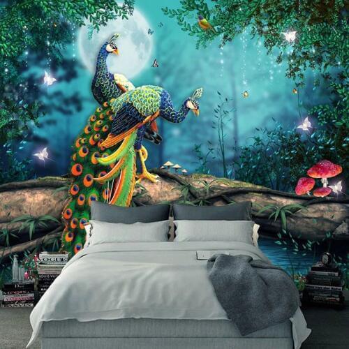 Custom Self-Adhesive Waterproof Wallpaper 3D Forest Peacock Scenery Murals Living Room TV Bedroom Study Home Decor Wall Stickers