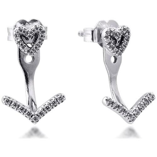 Sparkling Wishbone Heart Stud Earrings 100% 925 Sterling-Silver-Jewelry Free Shipping