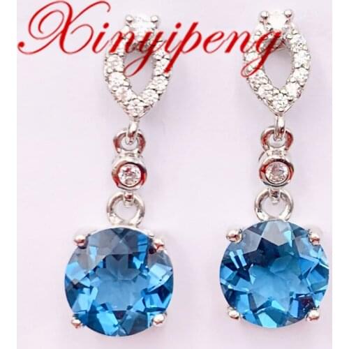 Xin Yipeng Fine Jewelry Real S925 Sterling Silver Plated White Gold Inlaid Round Blue Topaz Earring Anniversary Gift for Women