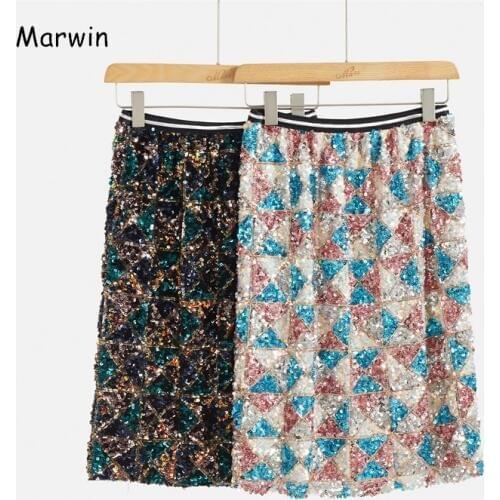 Marwin 2020 New-Coming Spring Geometric Sequined Straight Mid-Calf Empire High Street Style Women Skirts Party Holiday Skirts