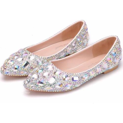 Women AB Crystal Bridal Wedding Shoes Color Rhinestone Bling Bridesmaid Flat Banquet Dress Shoes White Large size Pointed Toe