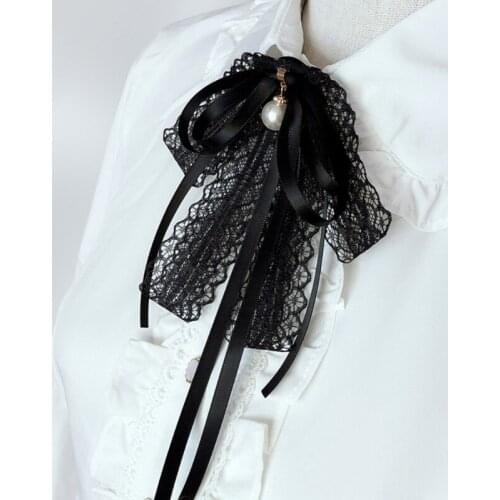Women Girls Black Lace Ribbon Bow Tie Faux Pearl Pendant Brooch Pin Necklace Uniform Shirt Blouse Pre-Tied Jabot Collar