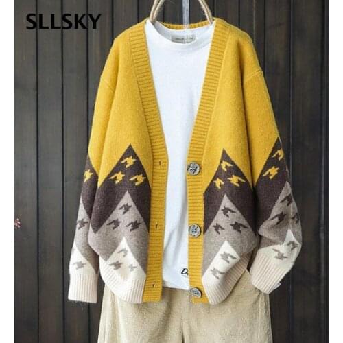 SLLSKY Animal Print Knitted Women Sweater Cardigans Single Breasted Long Sleeve Cardigans Loose Paper Crane Pattern Sweater