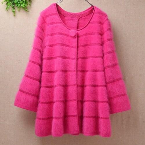 Top Sweet Pink girls women winter single buttons striped Plush MInk cashmere knitted Sweater Coat angora rabbit fur overcoat
