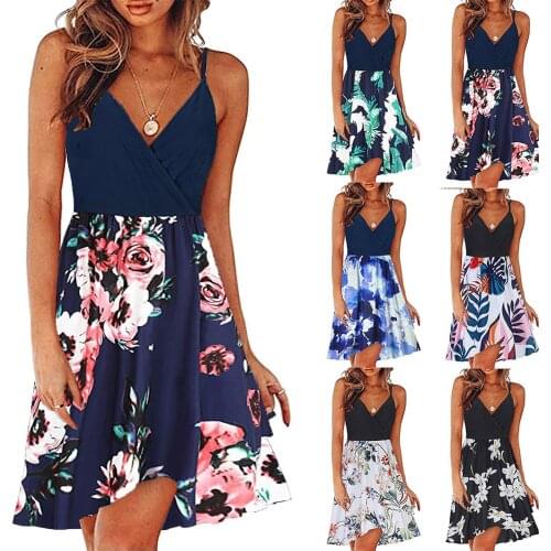 Womens V-Neck Floral Print Strap Summer Casual Swing Dress With Ruffle Dress vestidos elegantes para mujer sukienka 2021