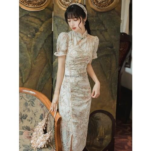 2021 female chinese style dress improved qipao style long dress sexy party dress evening dress lace cheongsam modern dress qipao