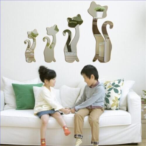 4Pcs/set Lovely Cats Silver Mirror Decoration Home Room Art 3D DIY Wall Stickers Interior decoration Decorative widget