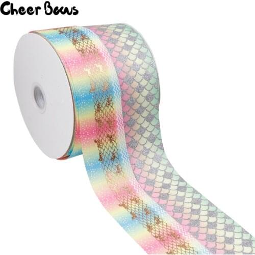 75mm Unicorn Mermaid Printed Ribbon Bronzing Grosgrain Ribbon Festival Decoration DIY Hair Bow Handmade Glitter Crafts 2Yards