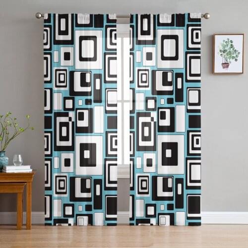 Geometric Rectangle Splicing Sheer Curtains for Living Room Bedroom Kitchen Chiffon Tulle Curtains Home Hotel Coffee Decor