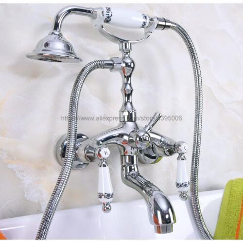 Chrome Finish Double Handles Bathroom Wall Mounted Bathroom Tub Faucets W/Hand Shower Sprayer Mixer Tap Bna218