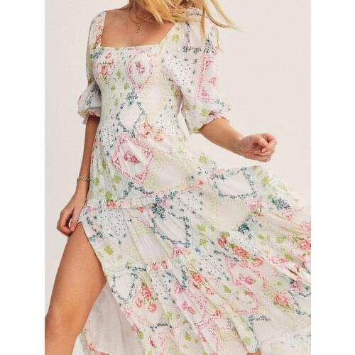 Jastie 2021 Women Summer Dress Floral Print Square Neck Puff Sleeve Elastic Waist Slit Midi Dress Bohemian Beach A-Line Dress