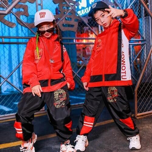 Chinese Drangon Pattern Stage Costumes Children Hip Hop Performance Dance Wear Red Tops Black Pants Modern Jazz Clothes BL4989