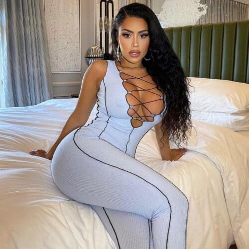 Hirigin Lace Up Deep V Neck Ribbed Rompers Womens Jumpsuit Sleeveless Sporty Skinny Athleisure Workout Summer Jumpsuits Fashion