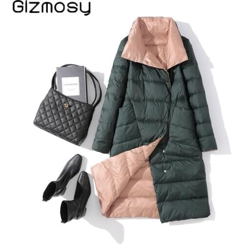Gizmosy Women Double Sided Down Jacket Winter Turtleneck White Duck Down Coat Double Breasted Warm Padded Parkas Snow Long coat