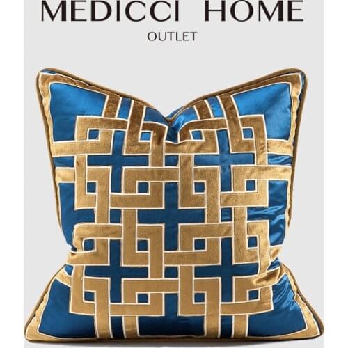 Medicci Home Cut Velvet Cushion Cover Modern Upholstery Handicraft High-End Geometric Embroidery Sofa Throw Pillowcase Gold Blue