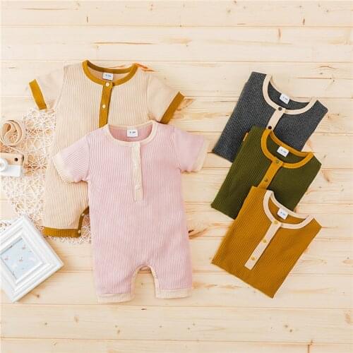 Fashion Baby Girls Summer Romper Soild Color Baby Boys Clothes Ribbed Cototn Short Sleeve Button Newborn Boys Jumpsuits Outfits