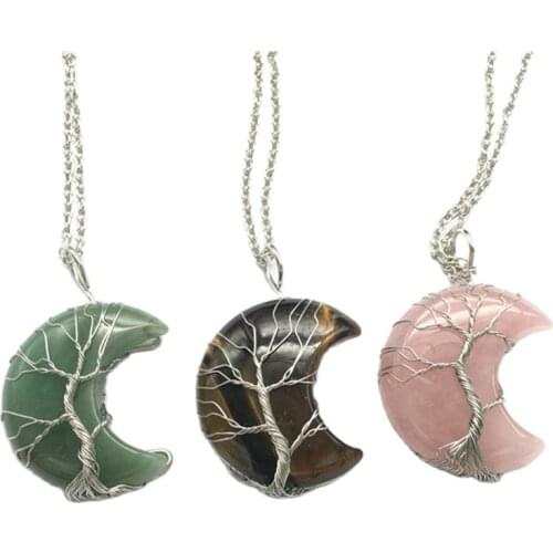 Natural mixed crystal moon shape handmade pendant crystals healing stones gemstone necklace for gifts