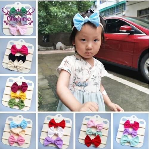 Nishine 3pcs/lot Toddler Solid Color Handmade Bowknot Elastic Nylon Headband Fashion Princess Hairband Sweet Hair Accessories