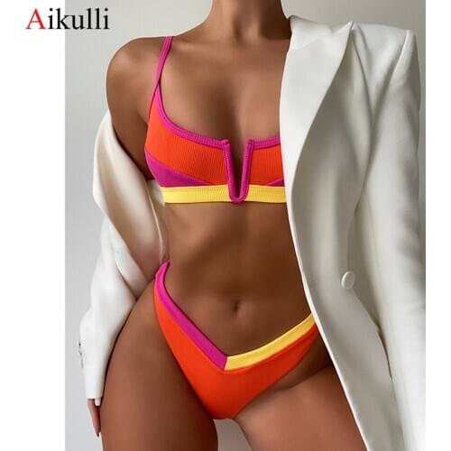 2021 New Splicing V Shaped Bikinis Sexy Ribbed Thong Swimsuit Women Swimwear Push Up Bikini Set Female Bathing Suits Beach Wear