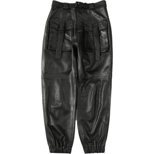 2020 Spring new true leather pants ladies sheep leather overalls large pockets show a thin pants tied to the foot casual pants