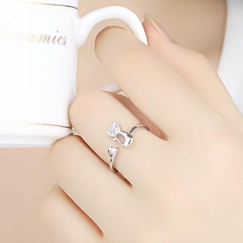 Charming Jewelry Silver Plated Ring Female Cute Little Cat Shaped Opening Ring Drop Shipping