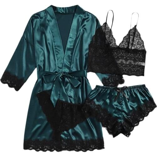 Pajama Set Women Lace Trim Satin Sleepwear Pyjamas Pour Femme Summer Nightwear With Pants Casual Home Wear Kimono Robe Gown