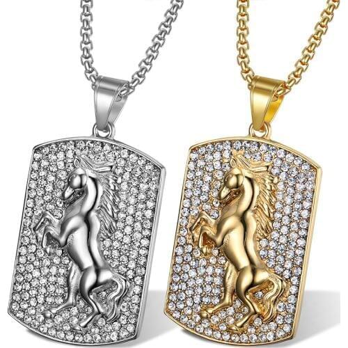 Hip hop 316L Stainless Steel Horse Pendants with stone Necklace Gold Color Silver Color Mens Iced Jewelry