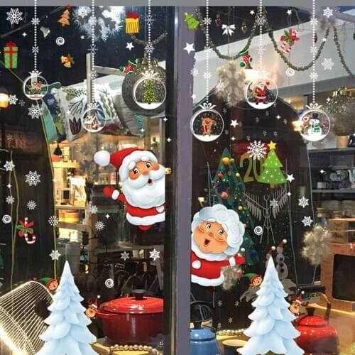 Removable Christmas Window Stickers Xmas Snowflake Santa Elk PVC Static Sticker Wall Decals New Year Party Glass Home Decor