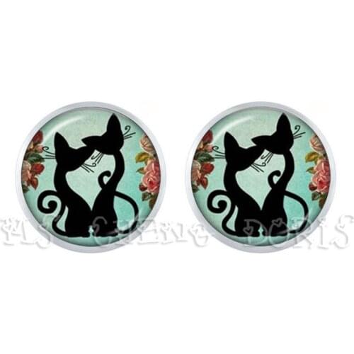 New Multiple Color Classic Fashion 12 MM Glass Cabochon Kitten Animal Jewelry Cute Cat Stud Earrings For Women Girls