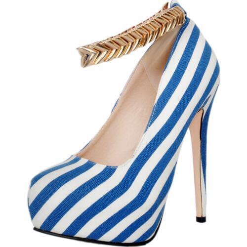 High quality Gold Chains Size 34-43 Sexy High Heels Platform Shoes Pumps Womens Dress Fashion Blue Straps Printed lady Pumps