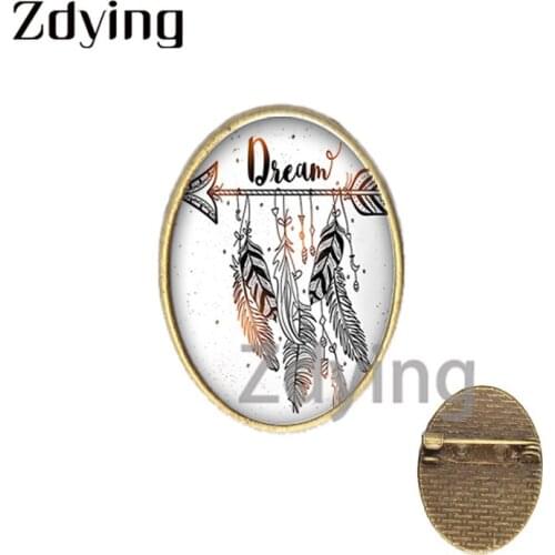 Zdying 18*25mm Birds Peacock Feather Oval Shape Brooches Pin Glass Cabochon Badge For Clothes Bags New Year Jewelry Gift FE055