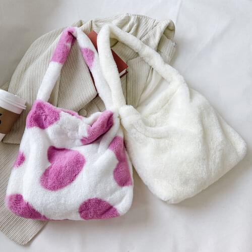 Womens Bag Plush Leopard Love Heart Pattern Underarm Shoulder Bag Autumn Winter Ladies Large Capacity Shopper Tote Handbags