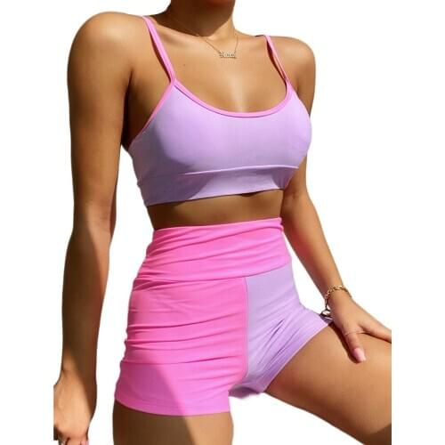2021 Women Color Blocking 2Pcs Bikini Suit Ladies Low Neck Crop Tank Tops with High Waist Boxer Swim Bottoms Suits for Summer