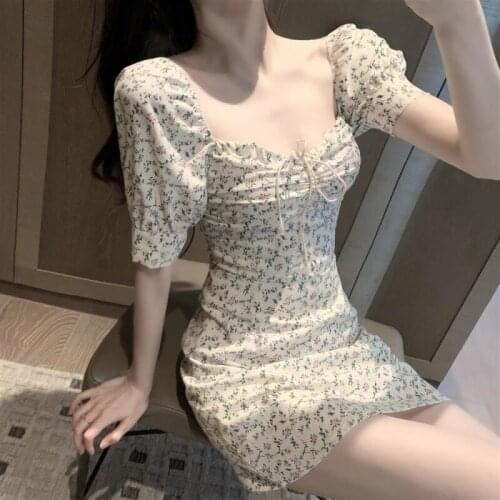 NYFS French retro square collar Mini Dress High Waist Gothic Dress Puff Sleeve Party Dresses Chiffon Floral Woman Short Dress